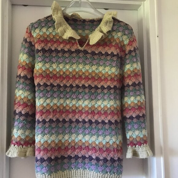 Vintage Sweater Bee Sweater Pastel Multicolor Ruffle collar Bell Sleeve Womens S - Picture 8 of 8